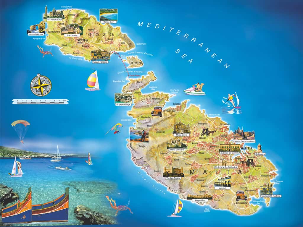 Mapa de Malta, Gozo e Comino e seus pontos turísticos - Pontos Turísticos em Malta