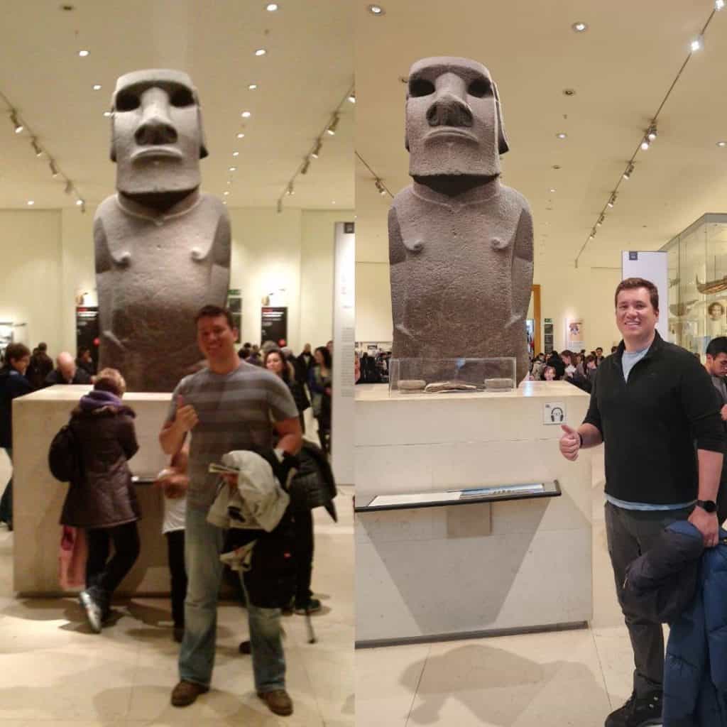 Moai no British Museum em 2013 e 2023