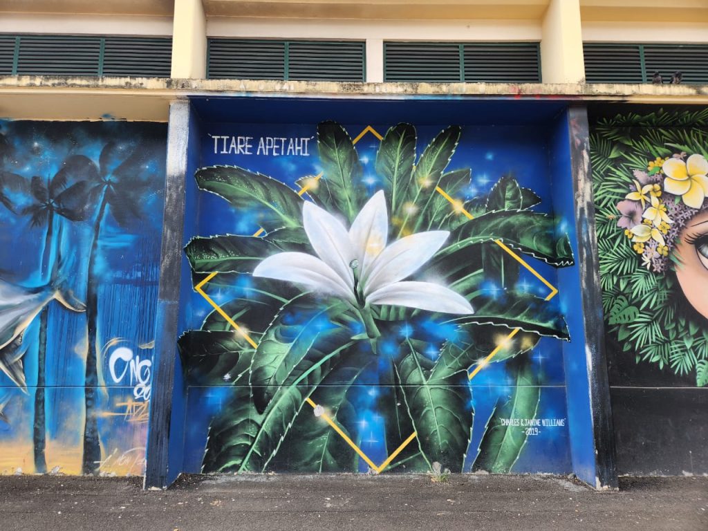 Um mural com a flor Tiare Apetahi